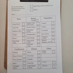 Sandwich Order Form