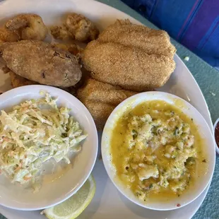Platter--fish, shrimp, cones with cornbread, coleslaw and one more side!