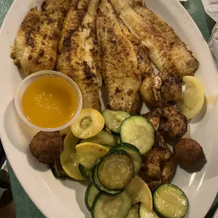 Blackened flounder and shrimp with veggies