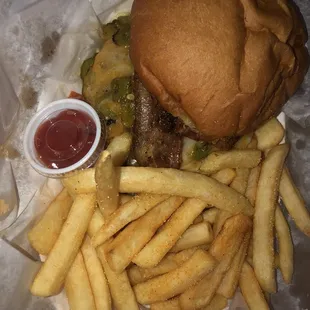 Green chili bacon cheeseburger and fries