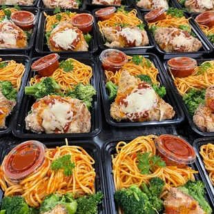 Our Healthier Chicken Parmesan with a side of broccoli and spaghetti.