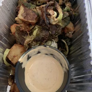 To Go Brussels &amp; Crispy Potato with Tajin Aioli. So Yum!