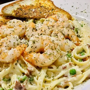 Pasta Carbonara with grilled shrimp- delicious!