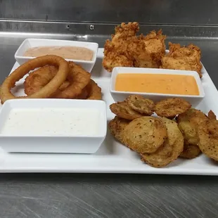 Zombo Combo; Hand Battered Chicken Tenders, Onion Rings, and Hand Battered Fried Green Tomatos.