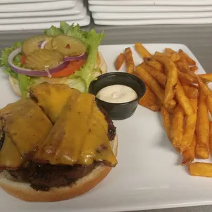 OTR burger with cheddar and bacon