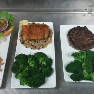 Whistle Stop Burger, grilled Mahi Mahi, and  Chopped Steak.