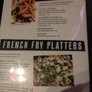 a menu for french fry platters