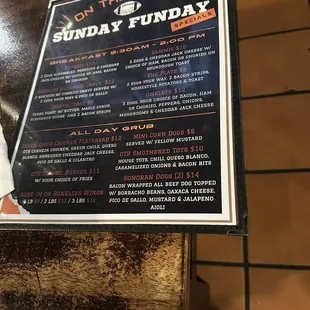 Sunday morning menu, drinks on the back.....