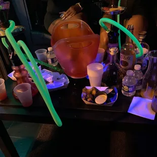 a table with a variety of drinks