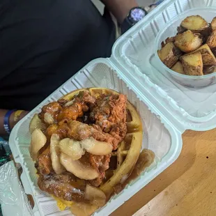 Chicken and waffles, side of potatoes