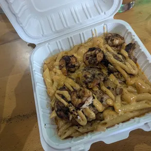 Chicken Alfredo with added shrimp. Super super salty. I only ate the shrimp