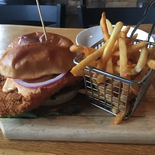 a fried chicken sandwich and french fries