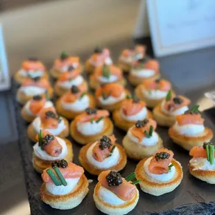 mini blini, salmon, caviar, creme fraiche
