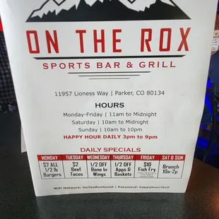Sports bar menu daily specials!