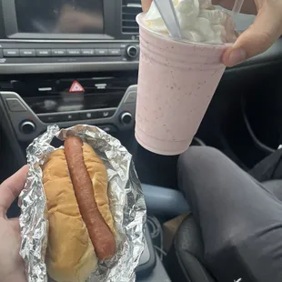 Hot dog and strawberry milkshake