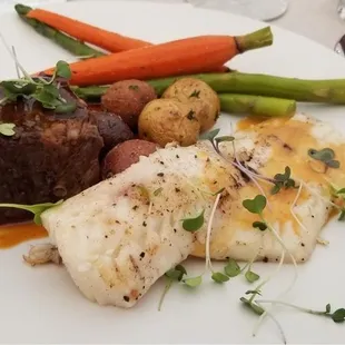 Slow braised short ribs with honey ginger sauce &amp; wild-caught cod with blood orange butter sauce