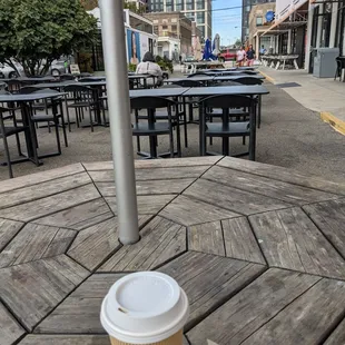 a cup of coffee on a wooden table