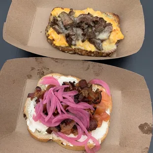 Lox and bacon on sourdough, steak eggs and cheese on multigrain