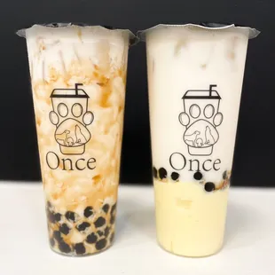A1. Brown Sugar Boba Milk Tea (left) A10. Creme Brulee Boba Milk Tea (right)