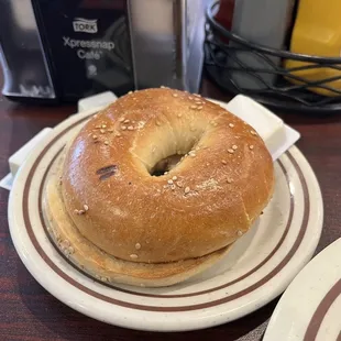 This is a sesame bagel? Lacking in sesame seeds.