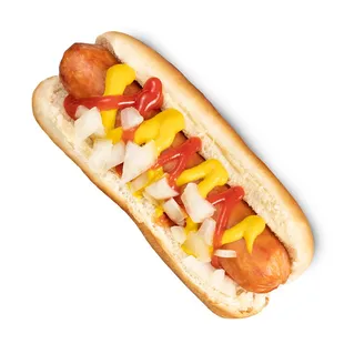  a hot dog with mustard and onions