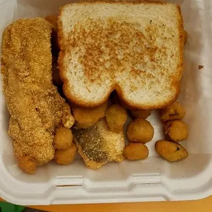 2 pcs. Whiting with okra and toast.