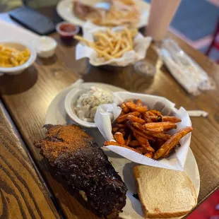 Ribs and Sweet Potato Fries and Twice-Baked Potato Salad