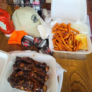 Beef ribs, coleslaw and sweet potato fries