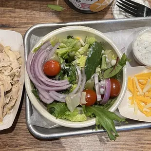 House Salad with added pulled chicken and yogurt dill dressing