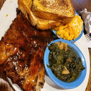 6 bone ribs , turnip greens and mac n cheese