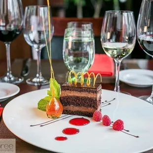a piece of chocolate cake with raspberries
