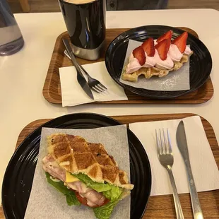 Strawberry Croffle Ham and Cheese Croffle Sandwich Latte