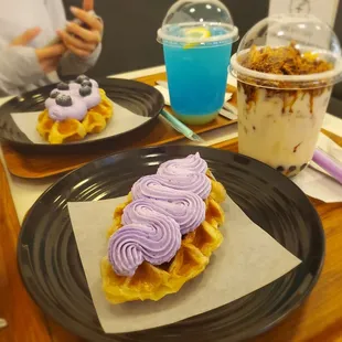 Blueberry &amp; taro croffles, Blue Yogurt refresher, Dalgona milk tea with boba