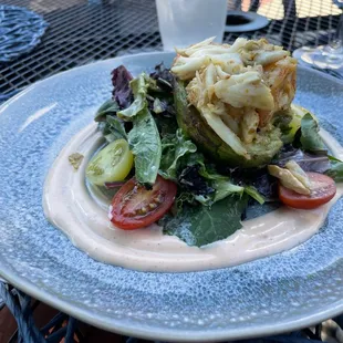 Roasted avocado, crab and shrimp with a chipotle aioli--gluten free!