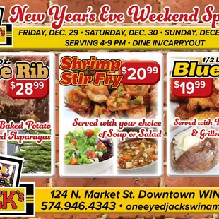 Open 4-9pm Dec. 31-New Year's Eve! Call 574.946.4343 for reservations.