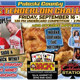 Pulaski County Pork Tenderloin Challenge 1:30 p.m. One-Eyed Jack's Celebration Station-downtown Winamac, IN