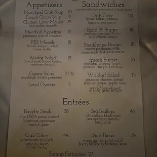 Dinner menu