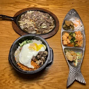 three dishes of food