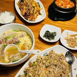(L to R) Dumpling Soup, Spicy Stir Fried Squid, Spicy Kimchi Tofu Soup, Chicken Fried Rice