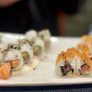 Salmon/avocado rolls (left) and spicy tuna rolls (right)