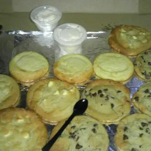 Chocolate chip, sugar, and white chocolate macadamia nut.