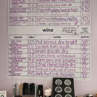 Beer, cidar, and wine menu.