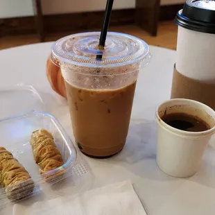 Turish latte and pistachio baklava roll. Try dipping the roll in your Coffee. Delicious