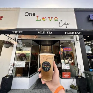 Iced latte out front