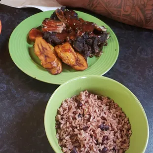 Jerk pork w/fried plantains, rice &amp; beans
