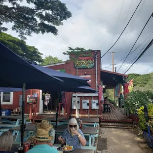 a group of people sitting at picnic tables