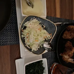 mashed potatoes, cole slaw and sauté spinach