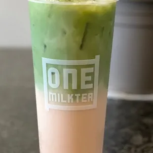 Sakura (rose milk tea topped off with matcha milk tea)