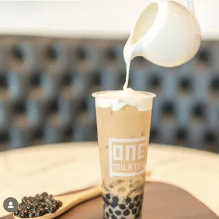 Panda Milk Tea (with crystal boba and brown sugar boba) topped off with sea salt creamy