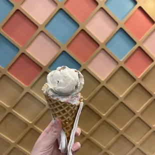 Waffle cone with chocolate chip and birthday cake scoops!